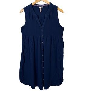 Knox Rose Dress Large Navy Blue Smocked V‎ Neck Sleeveless Button Front Stretchy